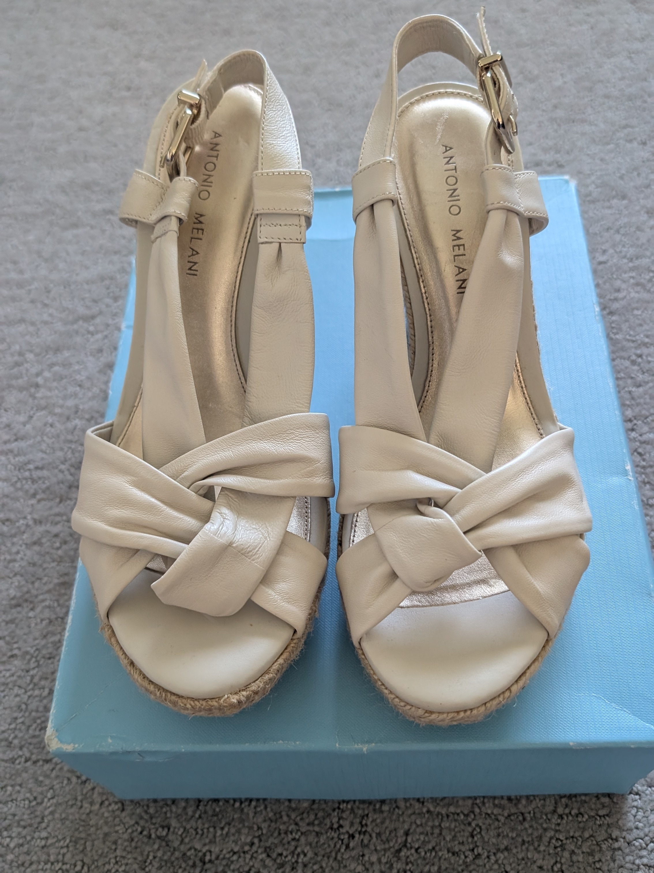 Antonio Melani Ivory Knotted Leather Wedge Sandals